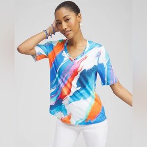 Chicos Abstract Elbow Sleeve A Line Tee Cotton Modal Blend Multicolor